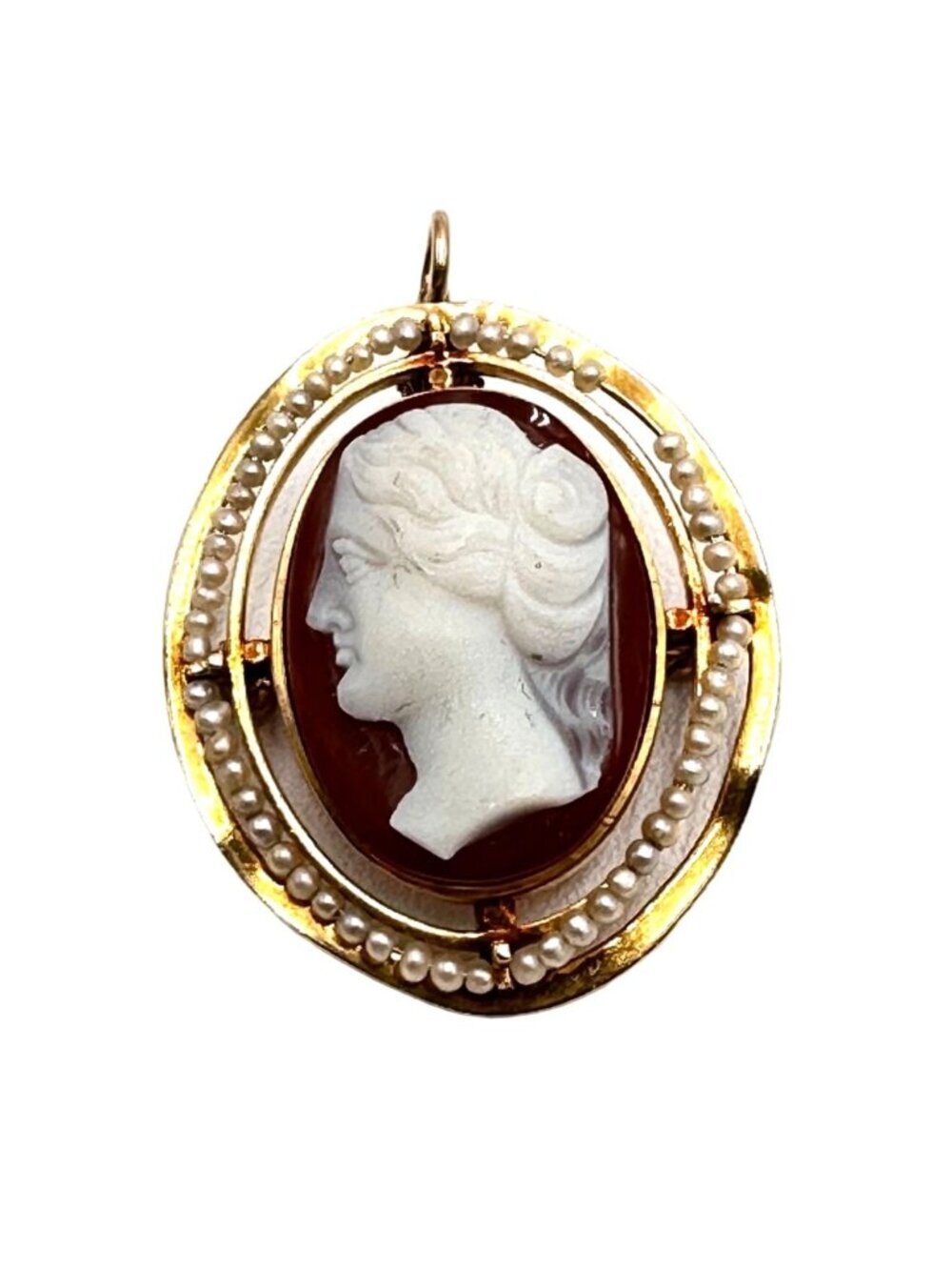 Antique 10K Yellow Gold Cameo Pearl 1 Inch Brooch Pin Pendant